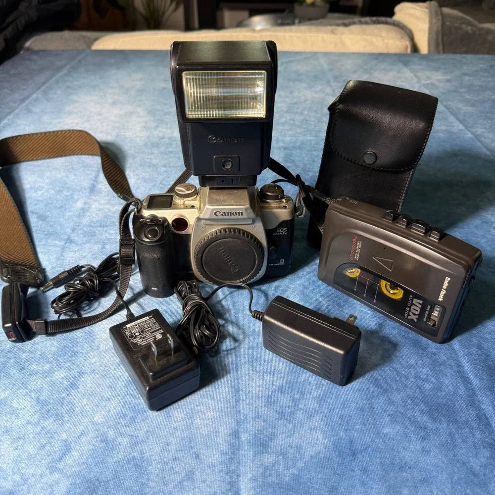 Vintage Canon EOS Elan IIE 35mm Camera Radio Shack VOX Recorder Flash Bundle
